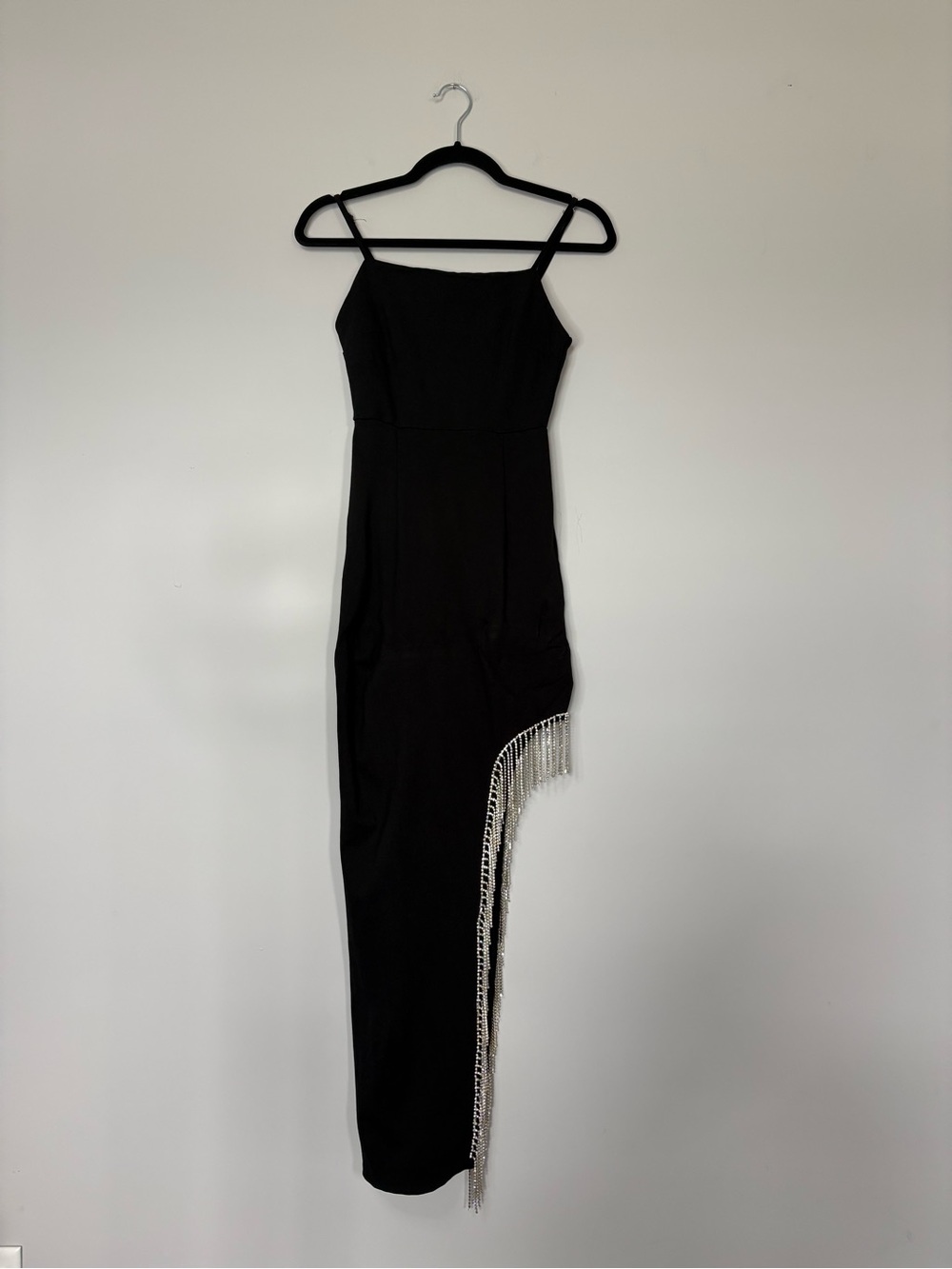 Forever 21 Black Maxi Dress Rhinestone Fringe Asymmetrical Spaghetti Strap